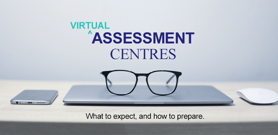 Virtual assessment centres - what to expect and how to prepare - image of laptop, glasses and mouse