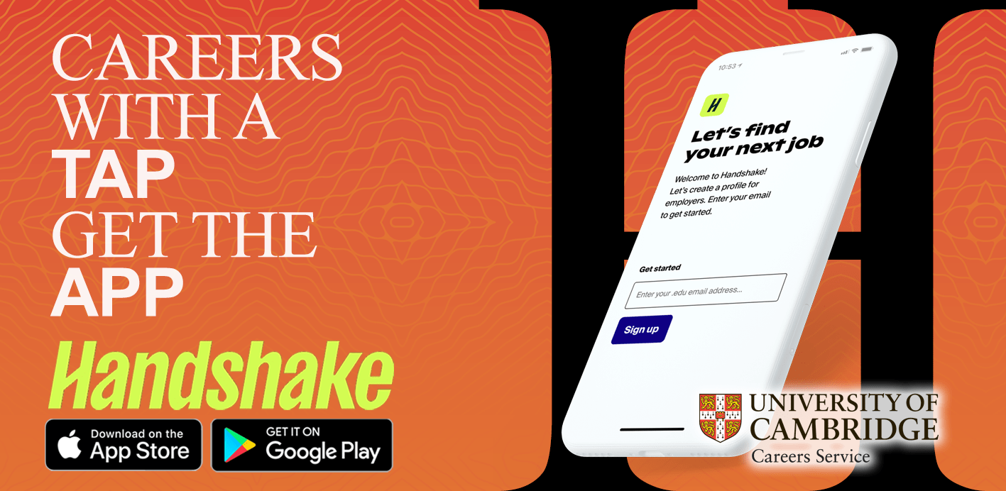 "Careers with a tap, get the app!" About the Handshake app.