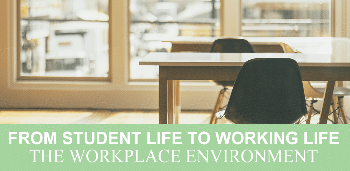 A blog banner written 'From Student Life to Working Life: The Workplace Environment'