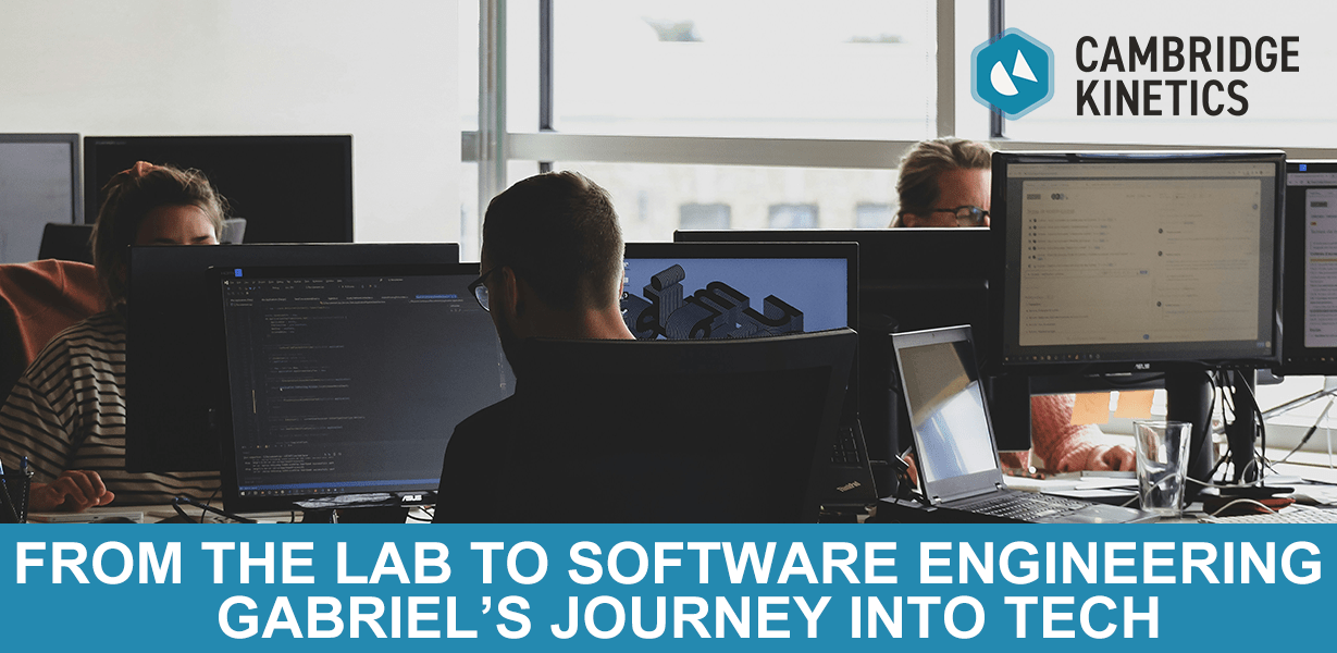 A blog banner written "From the lab to software engineering – Gabriel’s journey into Tech" with a Cambridge Kinetics logo